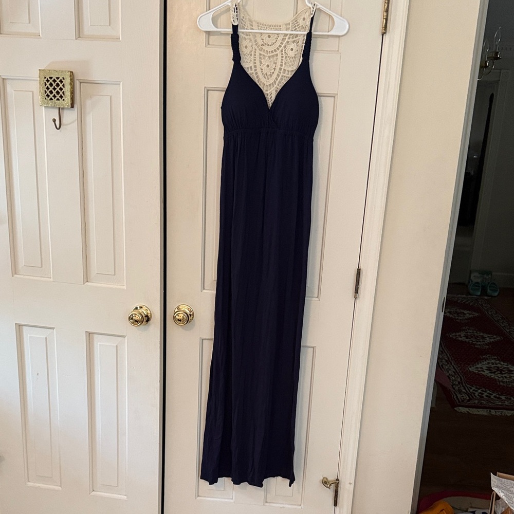 Pink Rose Navy Maxi Dress with Crochet Detail